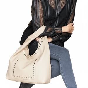 Laggo Mara Hobo Slouch Bag Cream Pebbled Leather with Gold Studs and Hardware